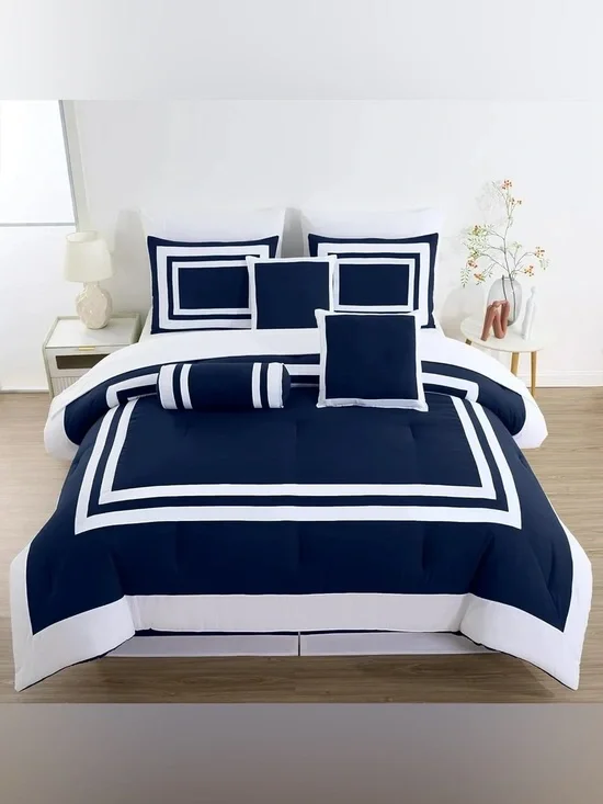 King 3 piece navy blue and white 3 piece comforter set