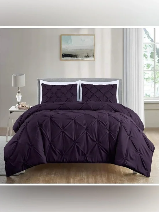 Plush Pleated purple Pintuck extra wide king 3 piece Comforter Set