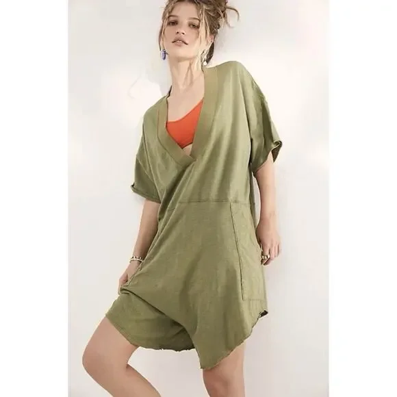 Free People Intimately Why‎ Not Romper M Green Oversized Boho Lounge Beach