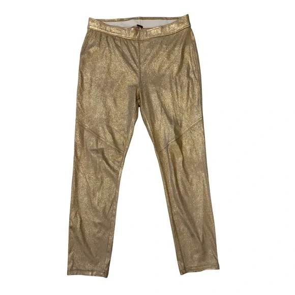 Free People Metallic Gold Skinny Pants High Rise Leggings Faux Suede Size 31