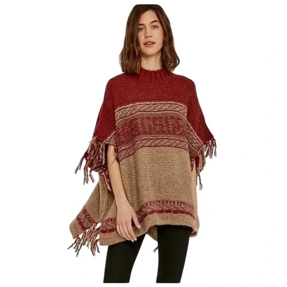 Free People Poncho Sweater Womens M/L Red Tan Fair Isle Fringe Mock Neck Boho