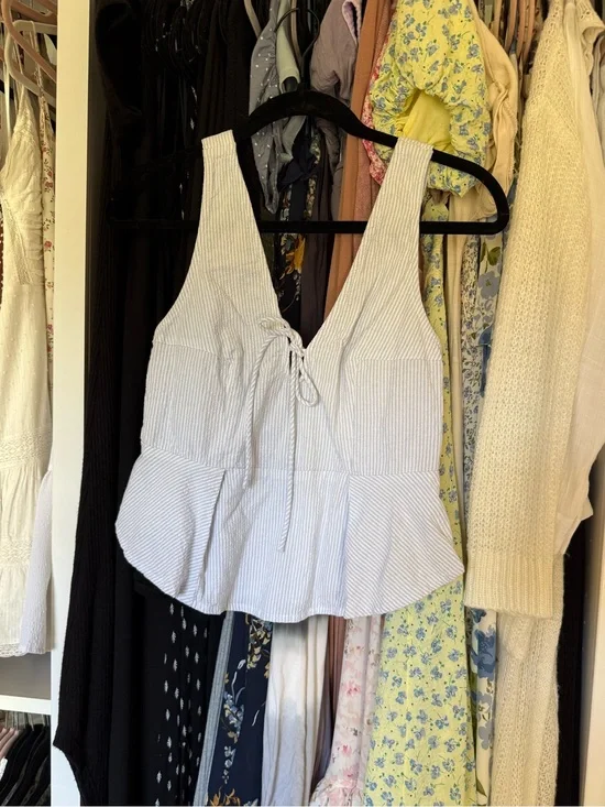 Free People Pinstripe Tie-Front Peplum Tank Top - Light Blue/White