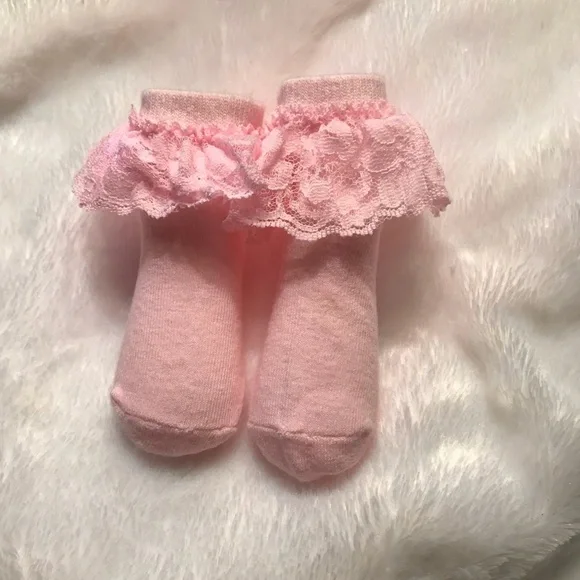 Rare Vintage Newborn Baby Pink Lace Ruffle Socks