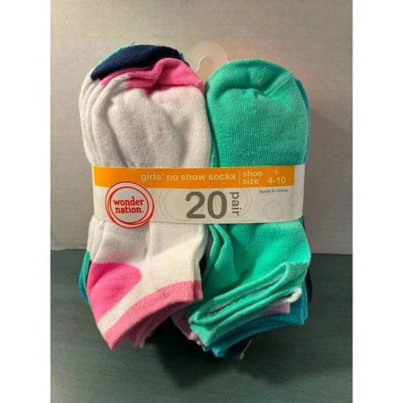 Wonder Nation Girls No Show Socks‎ 20 Pair Pack Multi Color Shoe Size L 4-10 NEW
