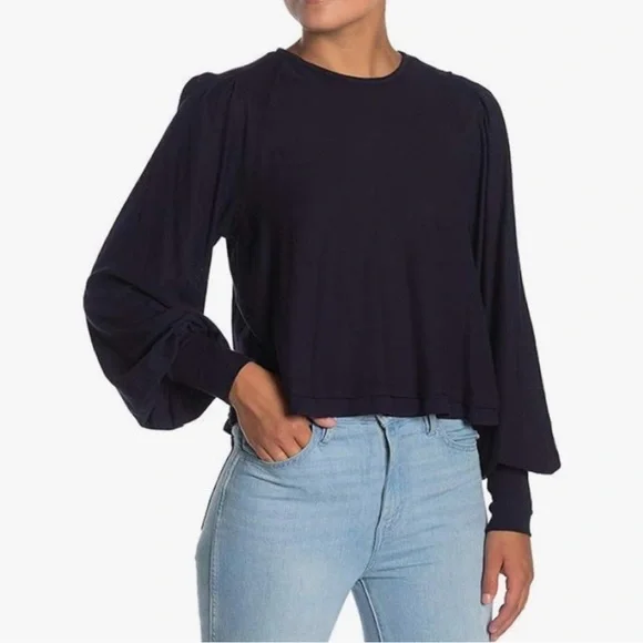 Free People Navy Billie Balloon Puff Sleeve Oversized Peasant Top Sz Medium