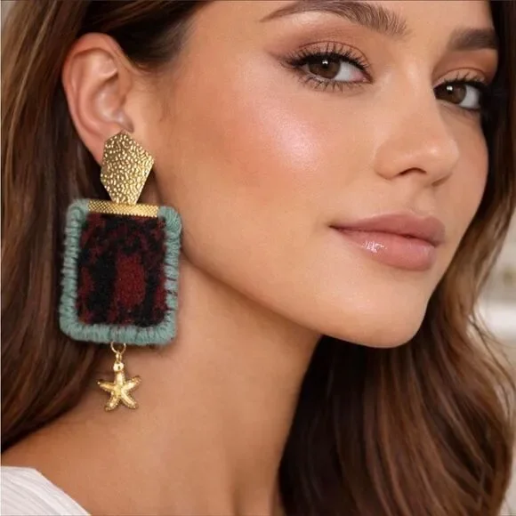 Gold and Green Statement handmade rug Earrings R8