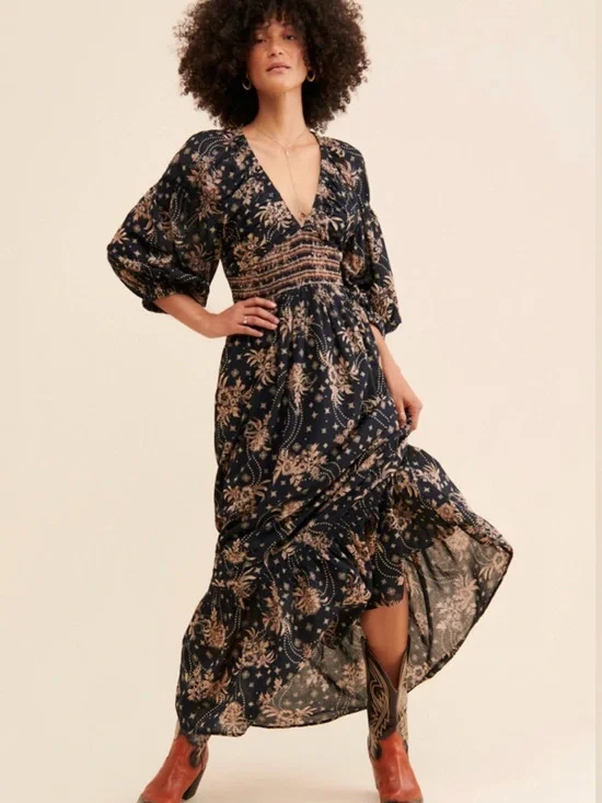Free People Golden Hour Maxi Dress Black Combo | Boho Floral | Size XS