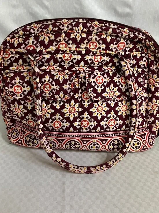 Vera Bradley Laptop Travel Bag Women's Medium Burgundy Floral Quilted Cotton Zip