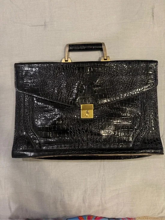 Vintage Black Croc-leather Structured Briefcase with Gold Hardware