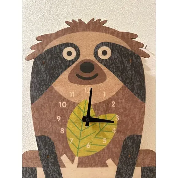 Sloth 3D Wall Clock by Modern Moose with a Leaf Pendulum Baltic Birch Wood