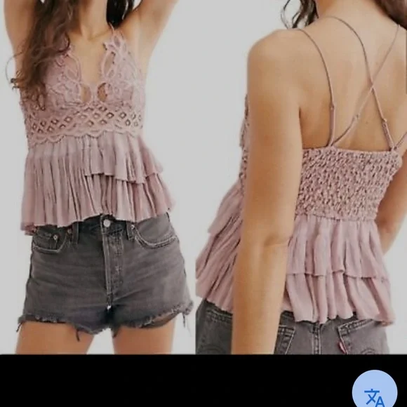 Free People Mauve Lace Smocked Tiered Camisole