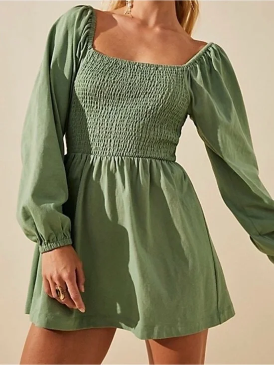 Free People Smocked Square Neck Long Sleeve Mini Dress - Sage Green