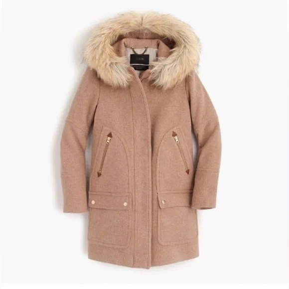 J. Crew Chateau Stadium Cloth Woo Blend Tan Coat with Faux Fur Hood. Size 0