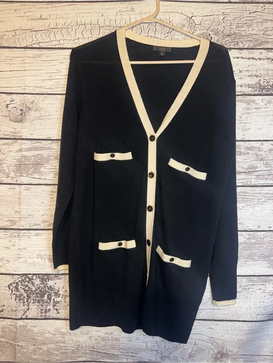 J.Crew 100% Merino Wool Black Contrast Trim Long Cardigan Sweater Small