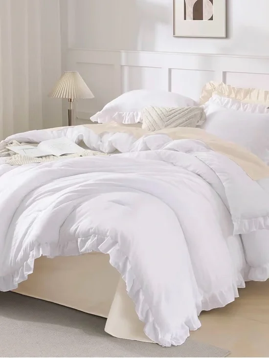 Andency White Ruffle Comforter Set Full Size – comforter and 2 pillow shams