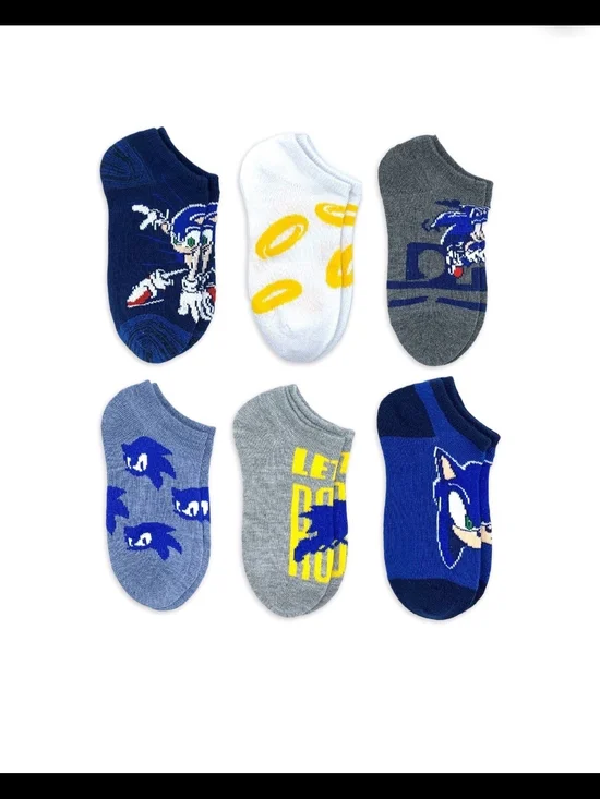 NWT Sonic the Hedgehog Boys No Show Socks 6 Pack Size M Shoe 9-2.5