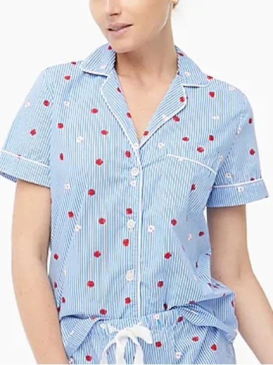 J. Crew Blue Stripe Short Pajama Top with Red Apple Print 3X Cotton