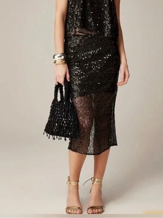 J. crew Collection Black Sequin Disco Festive Party Midi Skirt 8