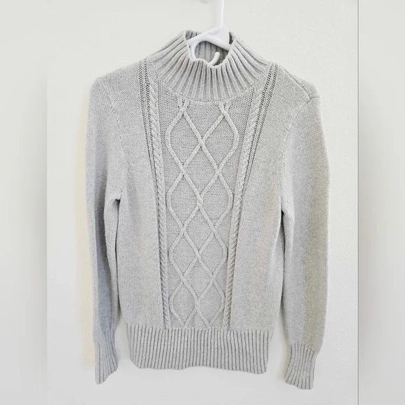 J Crew Cambridge Cable Knit Turtleneck Sweater, Heather Grey, Size Small‎