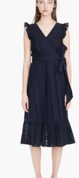 J Crew Navy Blueall Over Eyelet Wrap Dress Size 12