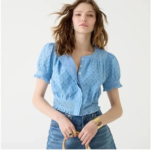 J. Crew Hydrangea color Eyelet Puff Sleeve Blouse