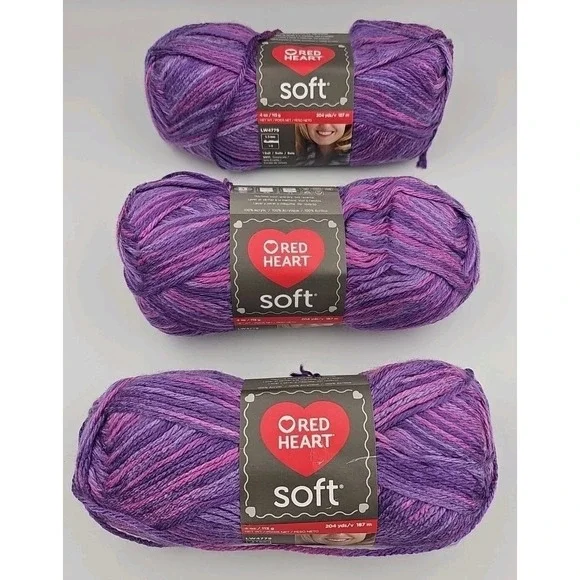 RED HEART- Soft Yarn 4 oz 113 grams Multis‎ Color 3 Skein Pkg