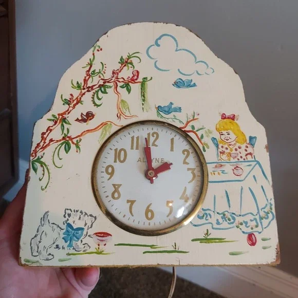 Vintage Allyn Lanshire Electric Mantel Clock Hand Painted Nursery Girl Dog USA