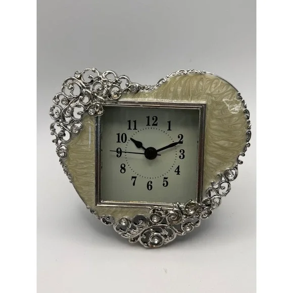 Vintage Style Heart Shaped Desk Clock Silver Filigree Rhinestone Cream Enamel