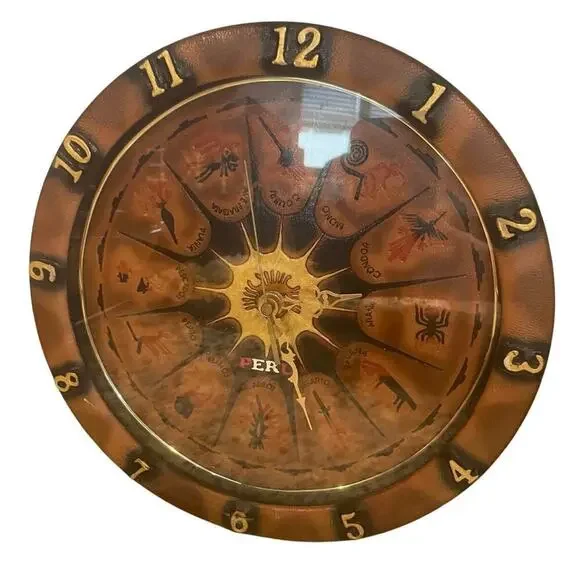 VTG CLOCK LEATHER WALL PERUVIAN NAZCA LINES BOHO‎ RUSTIC RARE