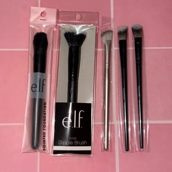 ELF and Maange Makeup Brush Set 5pc Pointed Foundation Stipple Concealer Brushes