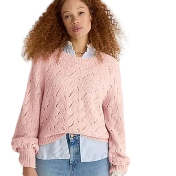 J. CREW Pointelle Crewneck Wool Blend Sweater XL Coral Balloon Sleeve Cozy Knit