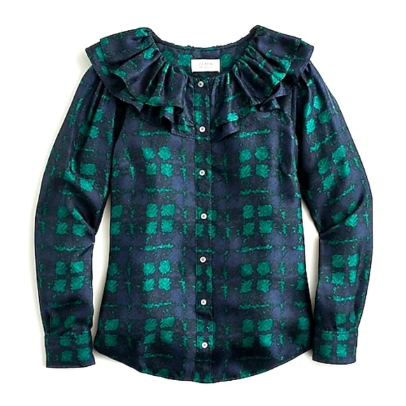 New! J CREW sz XS S X-Small Collection Silk Ruffle Plaid Top NWT