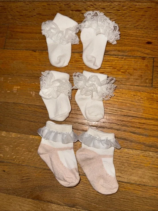 3 pair Baby Girl’s Ruffle Ankle Socks - White 2 White 1 Beige /White