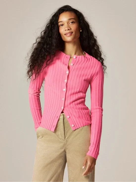 J. Crew Pink Ribbed Button-Front Cashmere Cardigan