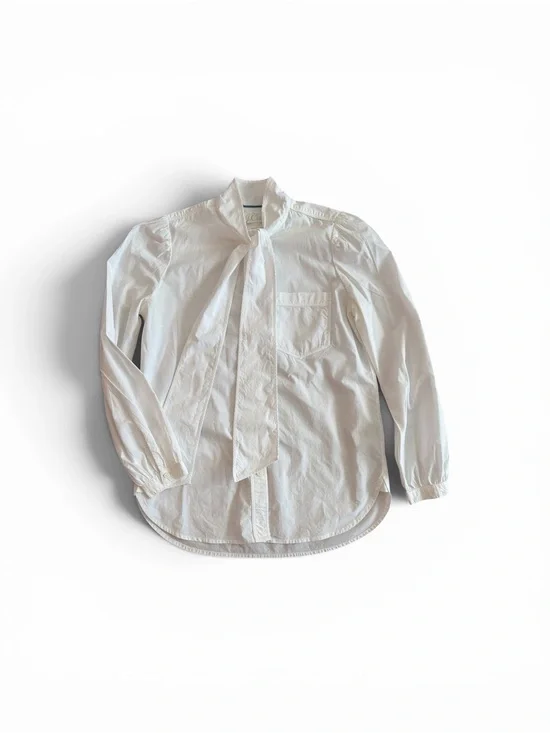 White Tie-Neck Button-Up Shirt