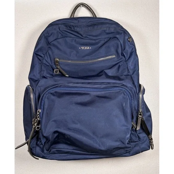 Tumi Voyageur Carson Backpack Navy Leather Trim Nylon Laptop Lightweight Bag