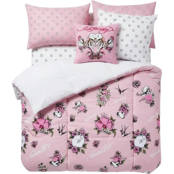 Ed Hardy Pink Tattoo Skull Heart 8 Piece Reversible Queen Bedding Comforter Set