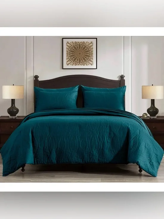 Teal Quilted king 3 piece Comforter Set