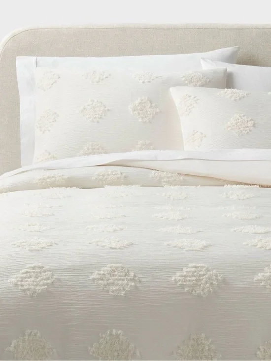 King Tufted Diamond Crinkle Duvet Cover Set Cream