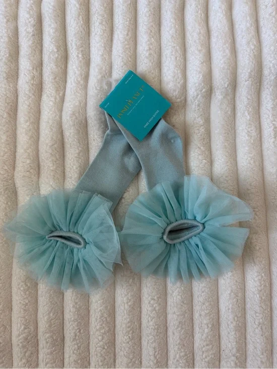 NWT Posh Peanut Girls Aqua Tulle Knee Socks with Ruffle Pom