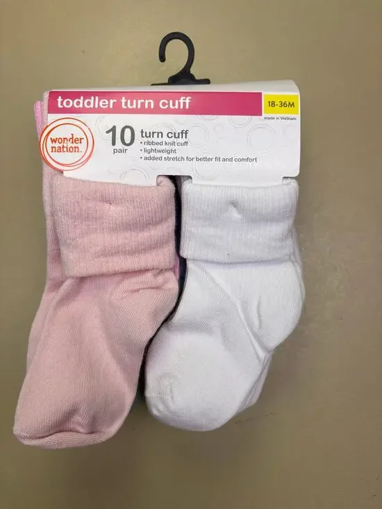 Wonder Nation Toddler Turn Cuff Socks 10 Pair 18-36M Pink White NIP Ribbed