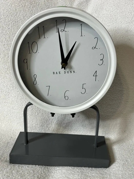 Rae Dunn White and Black Tabletop Clock on Gray Base