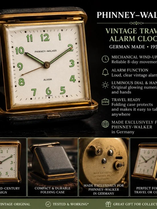Vintage Phinney-Walker German Travel Alarm Clock | Mechanical Wind-Up | Folding
