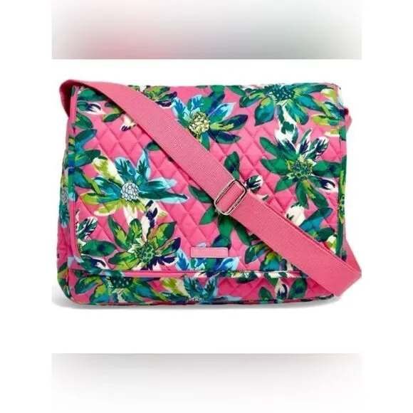 Vera Bradley LightenUp Tropical Paradise Pink Green Beige Messenger Shoulder Bag