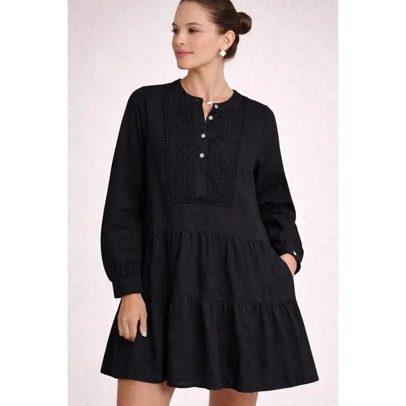 J. CREW W Small Black‎ Tiered Dress Embroider Cotton Blend Boho Prairie Pocket