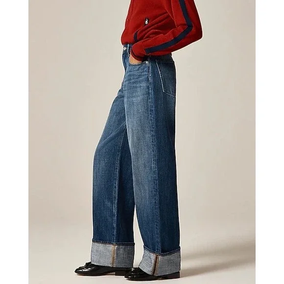 J.Crew Rigid Low Rise Wide Leg‎ Jeans Blue Denim Size 28 Cuff Pockets