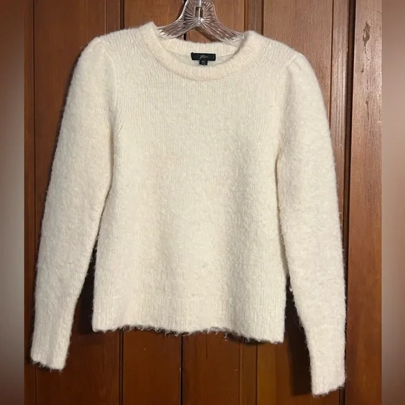 J Crew Puff-sleeve Fuzzy Crewneck Sweater Winter White Alpaca‎ Merino Wool Blend