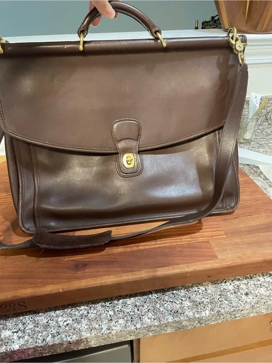 Coach Dark Brown Leather Messenger Satchel with Gold Hardware