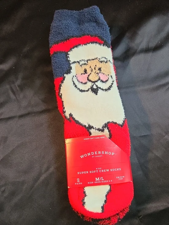 2 PAIRS Wondershop Kids Santa Fuzzy Crew Socks - Red, Navy, White