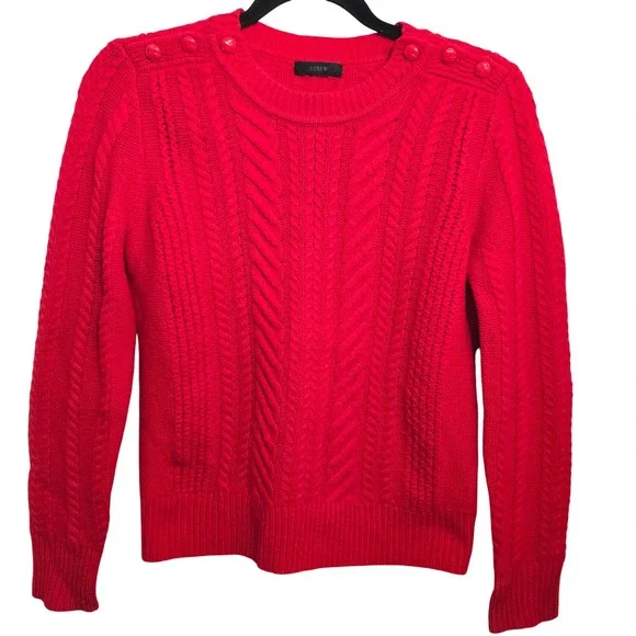 J.Crew Womens Red Cable Knit‎ 100% Wool Button Shoulder Sweater E5683 HO15